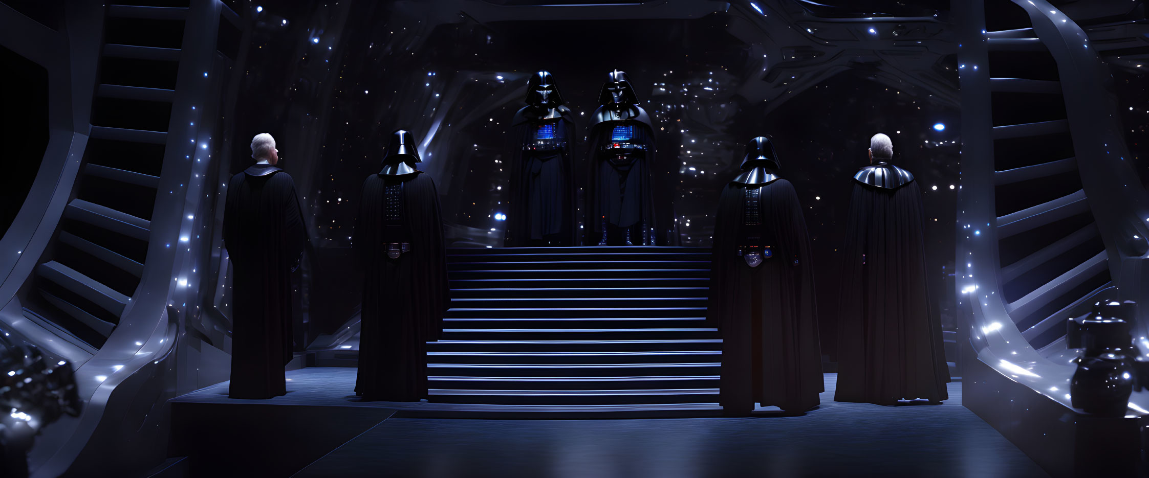 Three figures in dark robes on futuristic platform with glowing orbs.