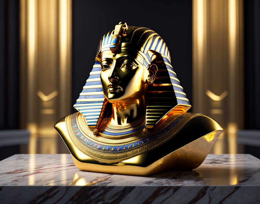 Golden Egyptian Pharaoh Bust with Headdress and Columns