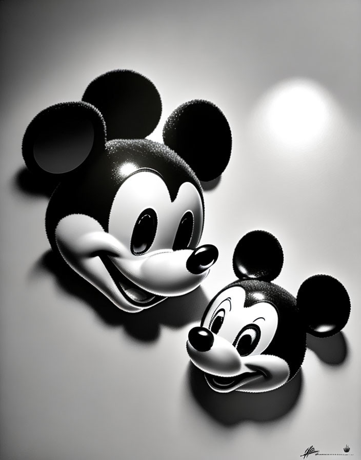 Monochrome Mickey and Minnie Mouse smiling on gradient backdrop