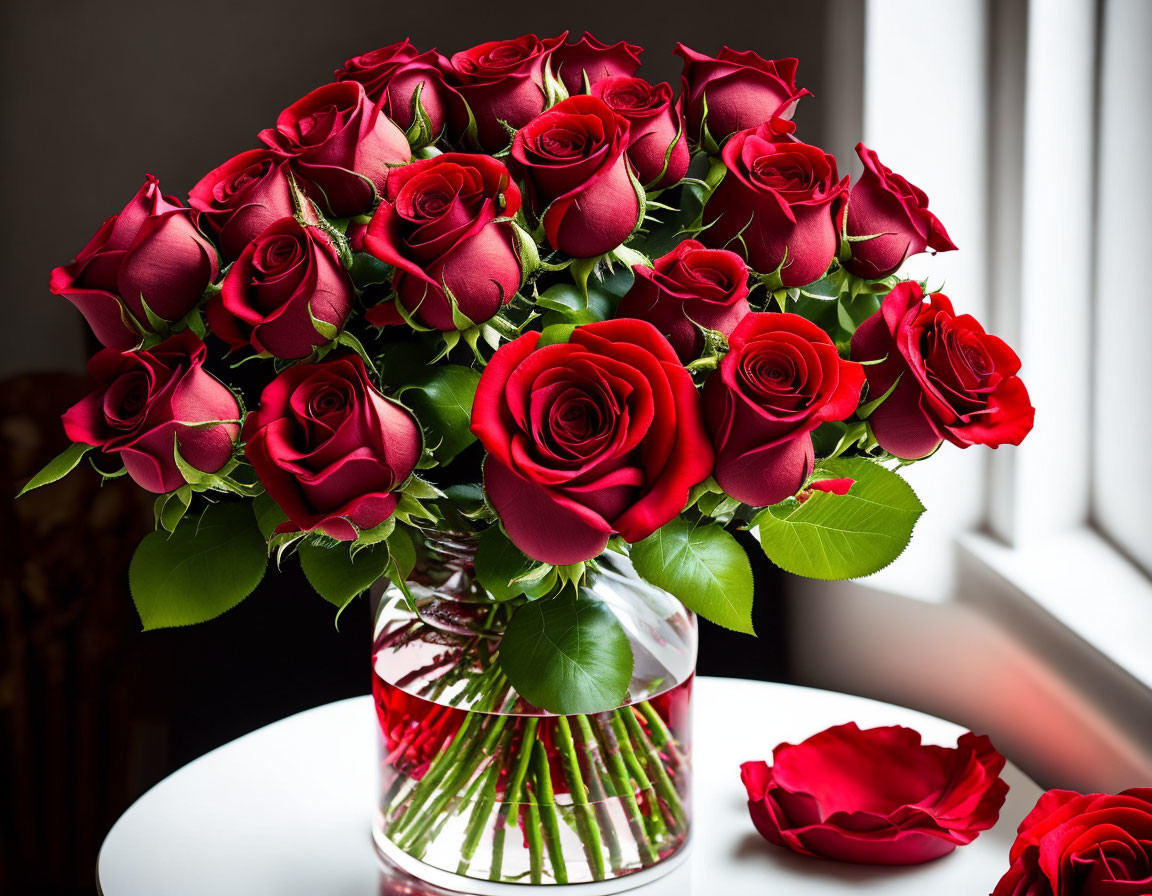 Beautiful Red Roses Bouquet in Clear Vase on White Table