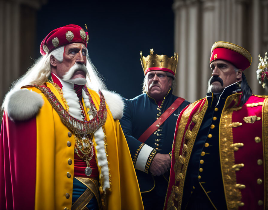 Three men in ornate military uniforms with medals and traditional hats standing solemnly.