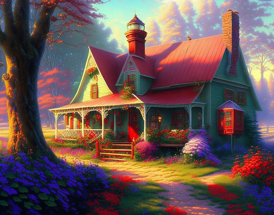 Red-roofed cottage and lighthouse in lush garden under warm sunlight