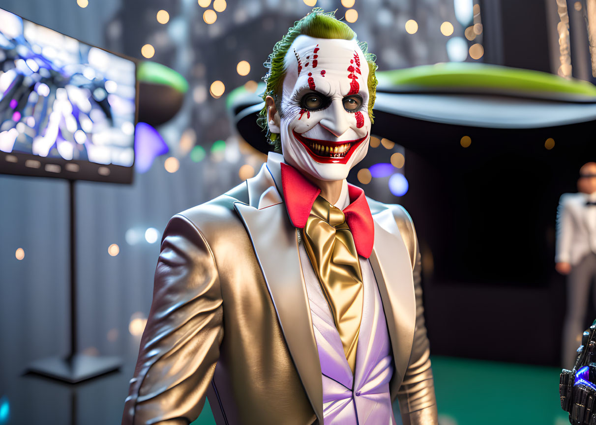 Man in Joker costume with white makeup, red nose, and wide grin in silver suit with red bow