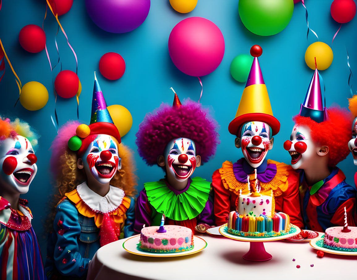 Vibrant clowns at festive party with balloons and cakes