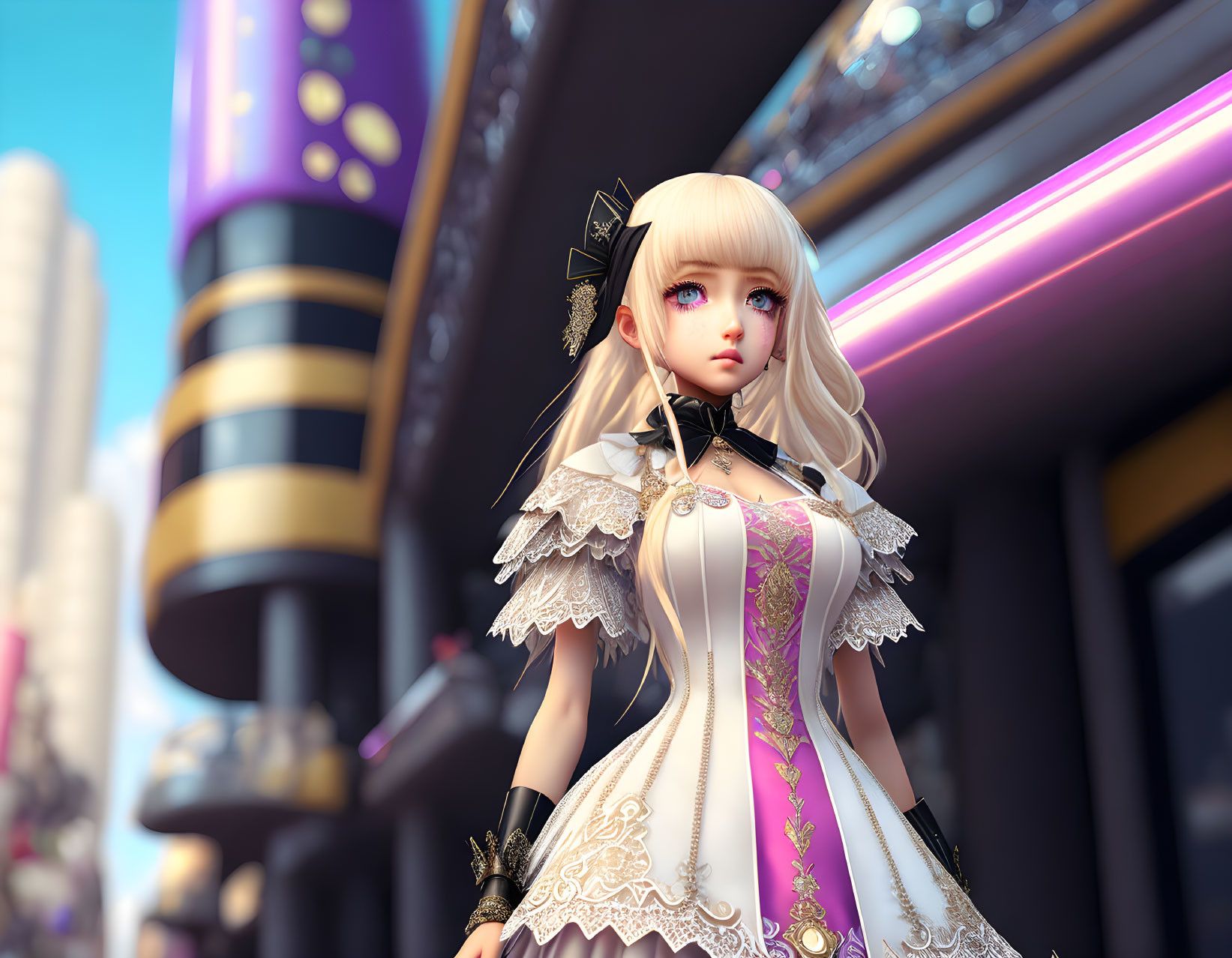 Blonde-haired female character in white and gold dress in futuristic cityscape