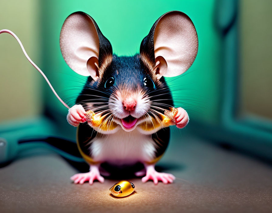 Stylized mouse with oversized ears holding cheese and golden bell