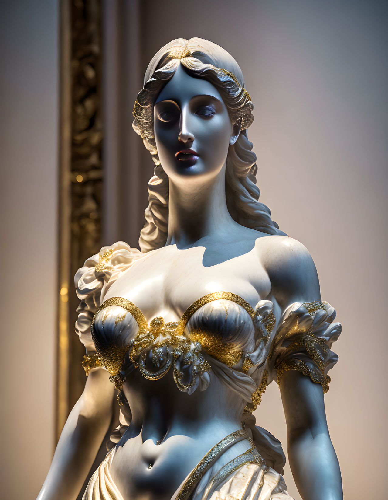 Classical statue of woman with gold accents and serene expression