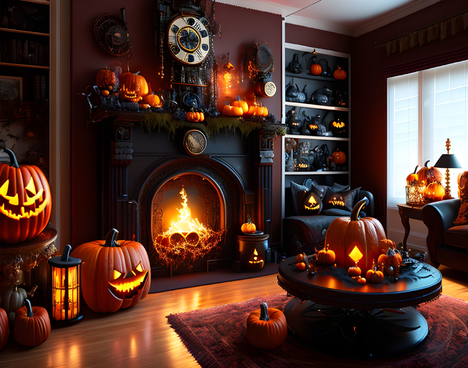 Dimly-lit Halloween-themed room with pumpkins, candles, and fireplace