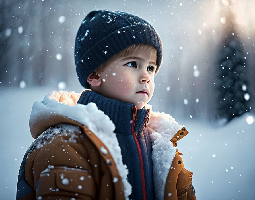 Child in winter hat and coat gazes in snowy landscape.