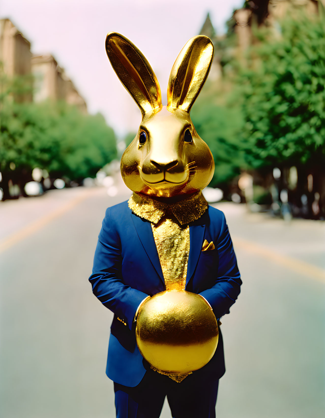 Person in Blue Suit Holding Golden Egg with Giant Rabbit Head on Tree-Lined Street