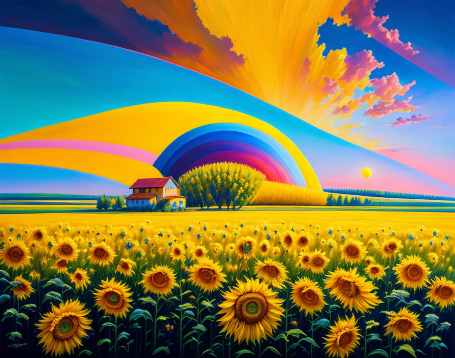 Colorful Sunflower Field Painting with Rainbow, Cottage, and Sun