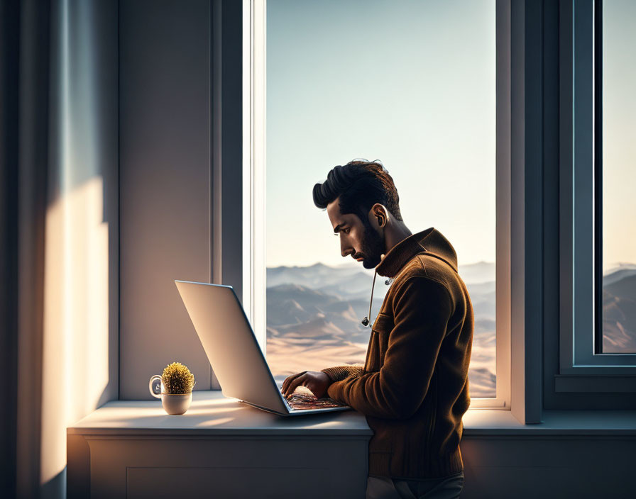 Man Working on Laptop with Mountain View and Plant in Window