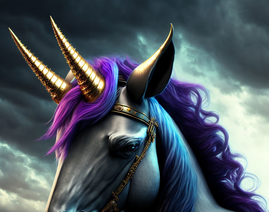 Majestic fantasy unicorn with golden horns and purple mane in stormy sky