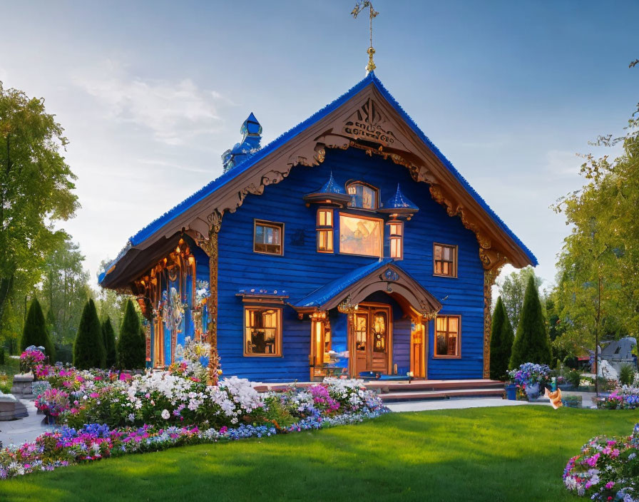 Traditional wooden house with ornate trimmings in vibrant blue, set in lush garden at dusk