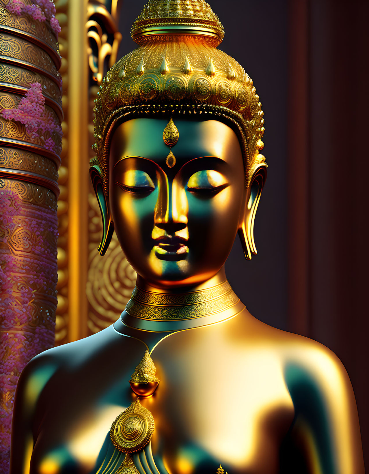 Golden Buddha Statue with Intricate Headpiece and Ornate Pillars