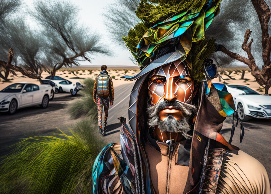 Person in tribal attire with face paint in front of trees and cars.