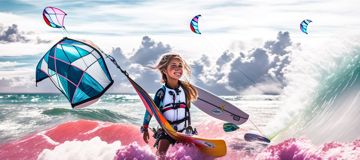 Woman holding kiteboard with colorful kites in vibrant sea.