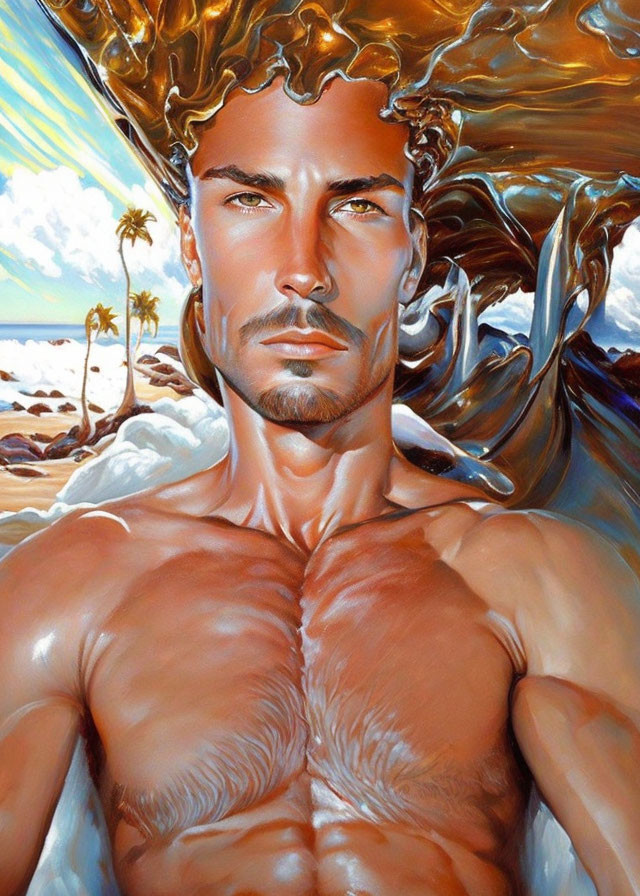 Surreal portrait of shirtless man with golden hair on tropical beach