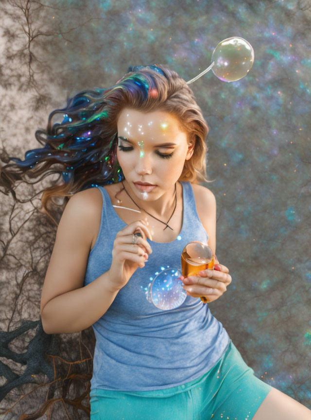 Colorful-haired woman blows cosmic-themed bubbles against starry backdrop