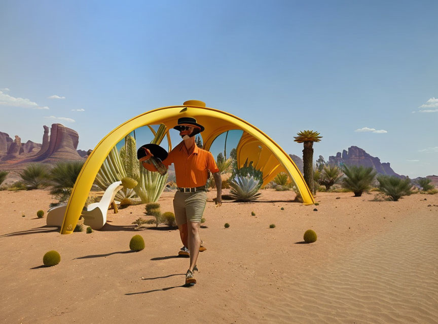 Person in orange shirt and hat under yellow arch in desert landscape