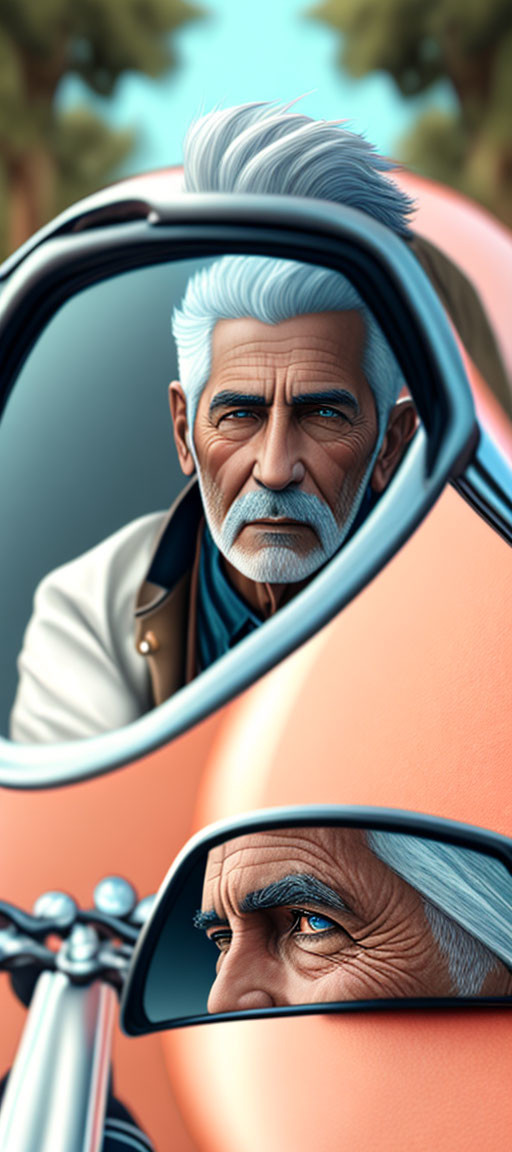 Elderly man with white hair and beard reflected in motorcycle rearview mirror