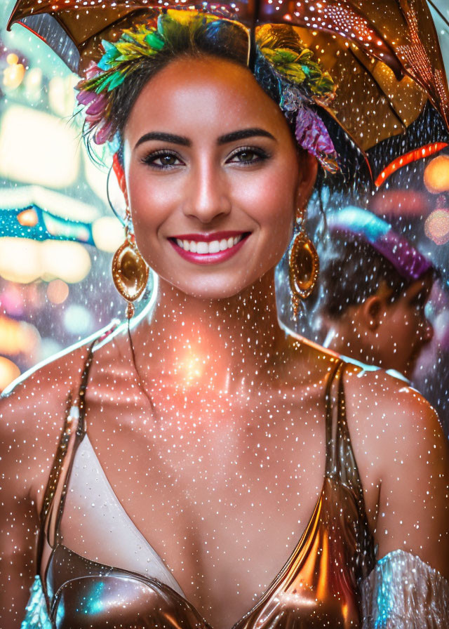 Smiling woman with floral headpiece in colorful bokeh setting