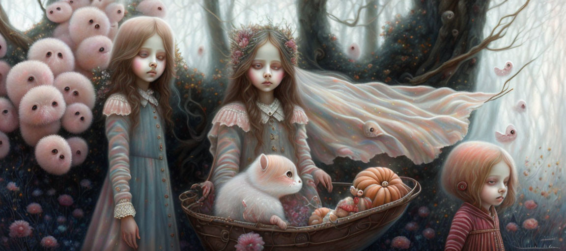 Surreal painting featuring girls, piglet, and forest creatures