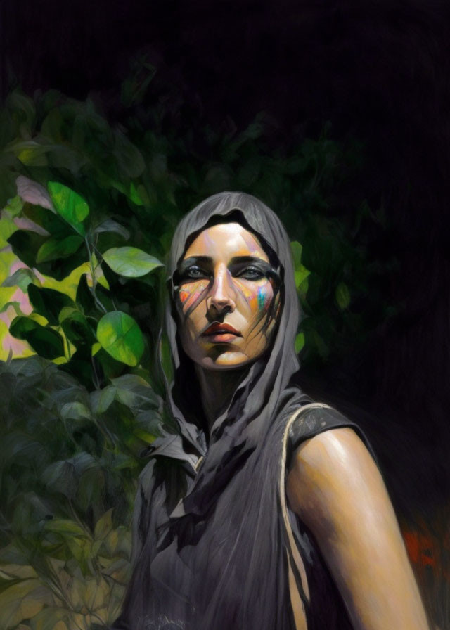 Woman with Striking Eyes and Painted Cheeks in Grey Shawl Against Dark Foliage