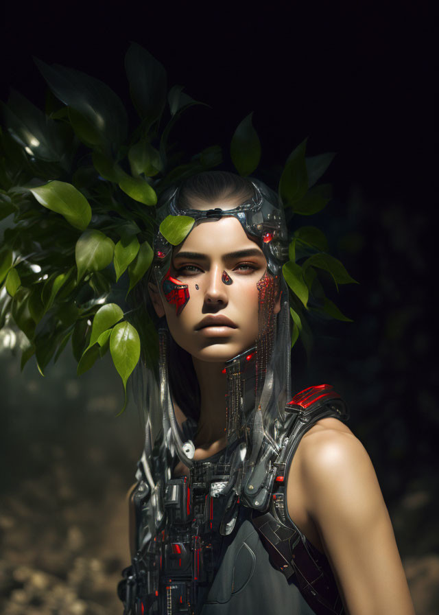 Futuristic woman with organic-mechanical headpiece and attire.