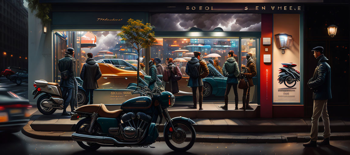 Busy Evening Outside Upscale Shop with Display, Golden Car, and Stylish Motorcycle