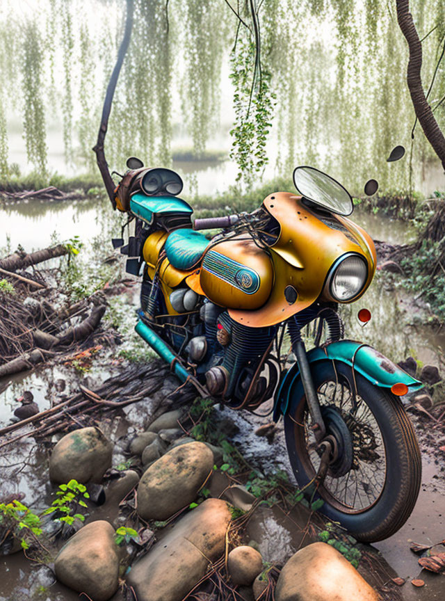 Vintage Motorcycle with Yellow Tank by River and Willow Trees