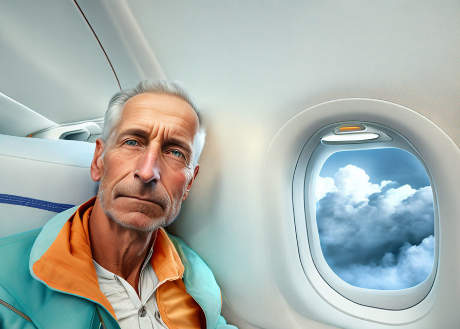 Gray-haired man gazes out airplane window at clouds