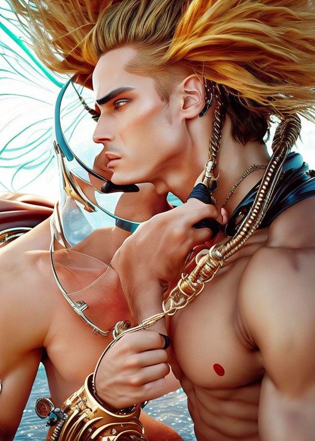 Digital illustration of male figure with blond hair, futuristic headset, and gold arm cuffs on blue backdrop.