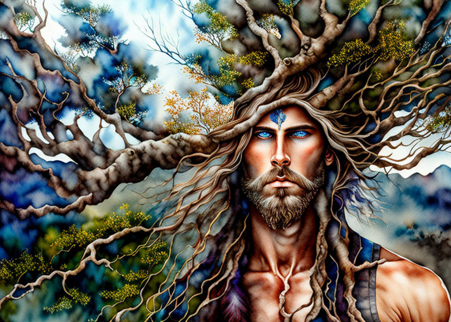 Man with tree-like features and long hair in forest setting