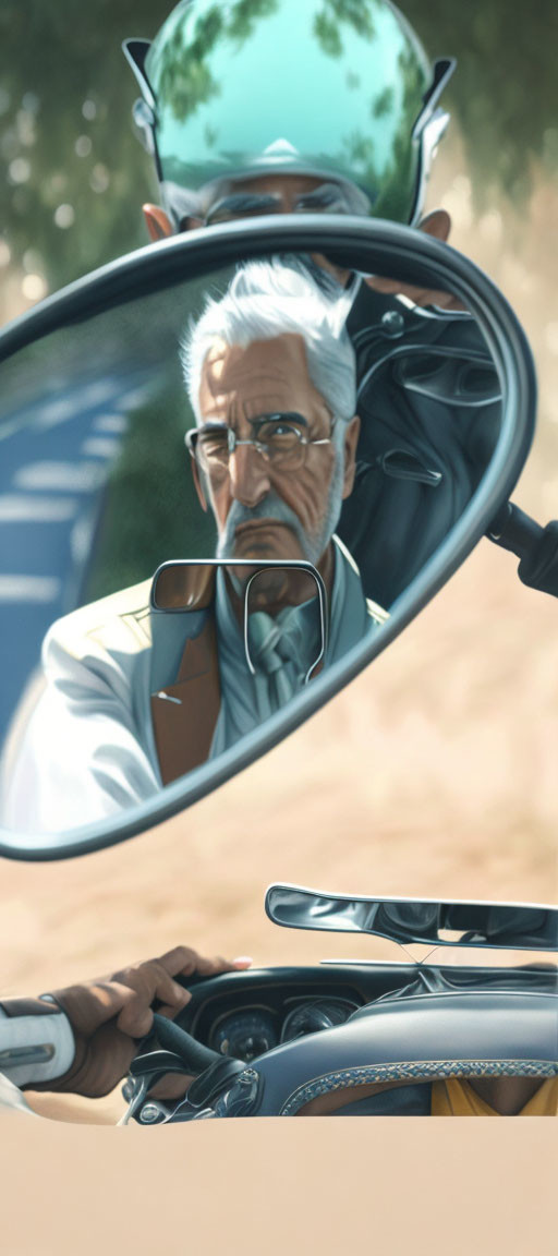 Elderly Man Reflected in Motorcycle Rear-View Mirror