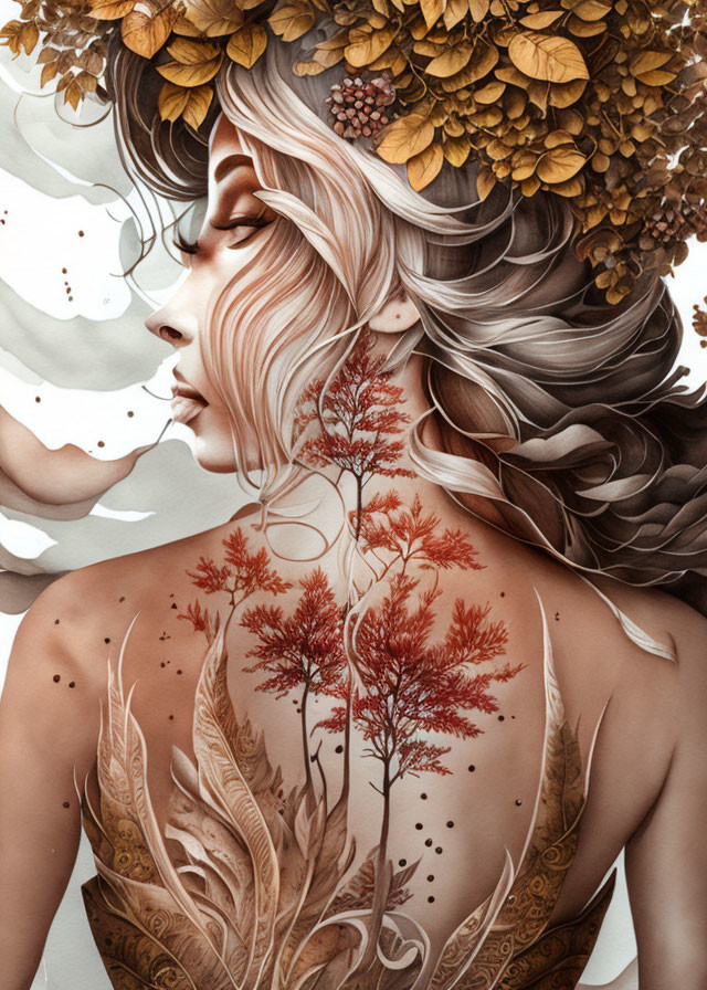 Woman with autumn leaves, berries, and botanical tattoos blending into whimsical nature backdrop