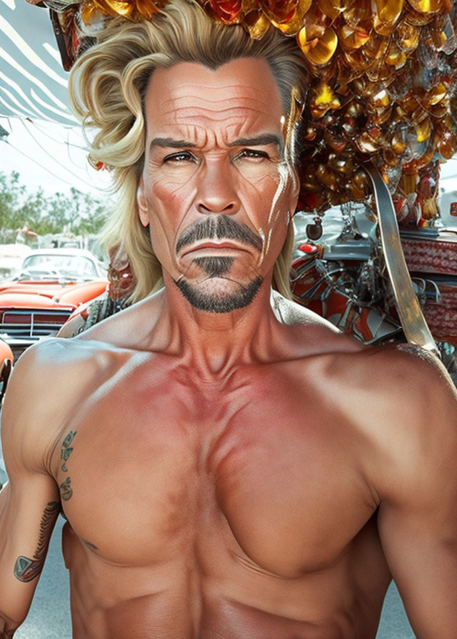 Hyperrealistic Artwork: Muscular Male Figure with Exaggerated Facial Features and Tattoo, Vintage