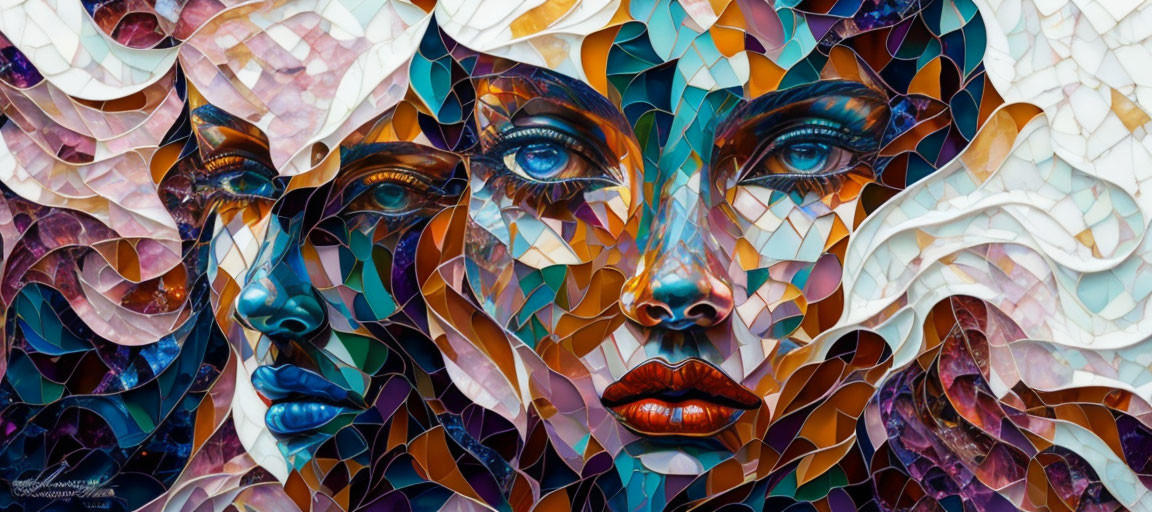 Vibrant Mosaic Painting of Overlapping Faces