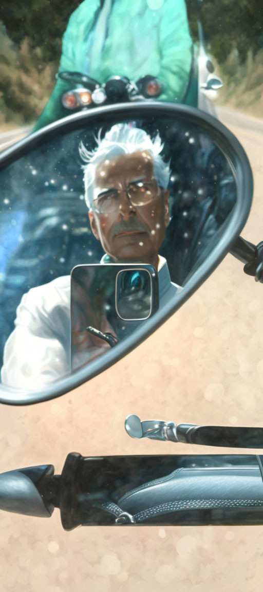 Elderly man with white hair in sunglasses reflected in motorcycle side mirror