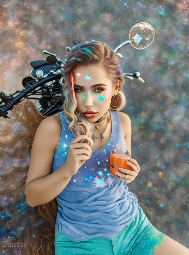 Cosmic-themed woman holding a drink with space background