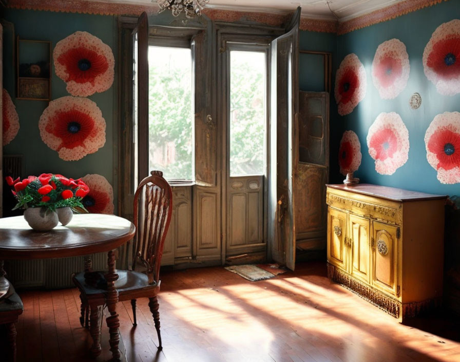 Vintage Room with Floral Wallpaper, Wooden Furniture, and Sunlit Window