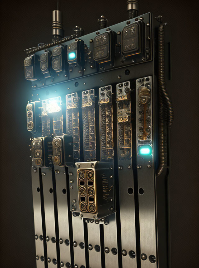 Steampunk-inspired panel with intricate metal designs, gauges, pipes, and glowing blue lights