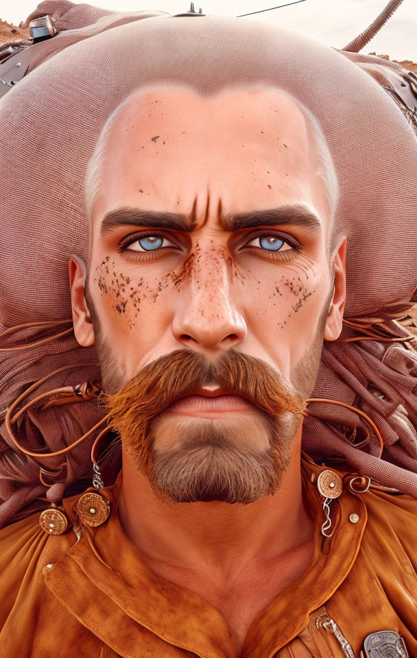 Detailed digital portrait of man with blue eyes, mustache, freckles, futuristic attire.