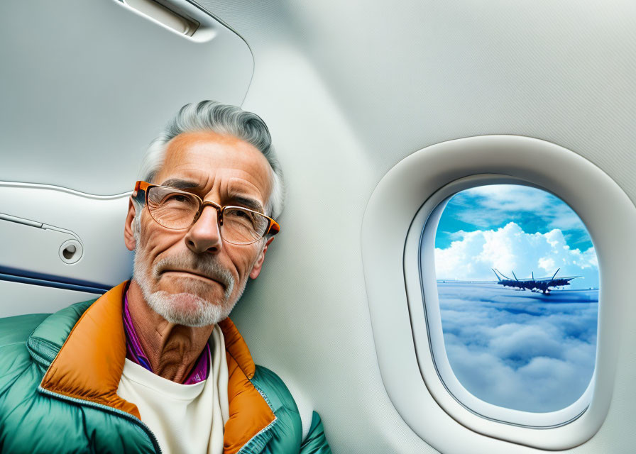 Elderly Man with Glasses Watching Plane in Clouds