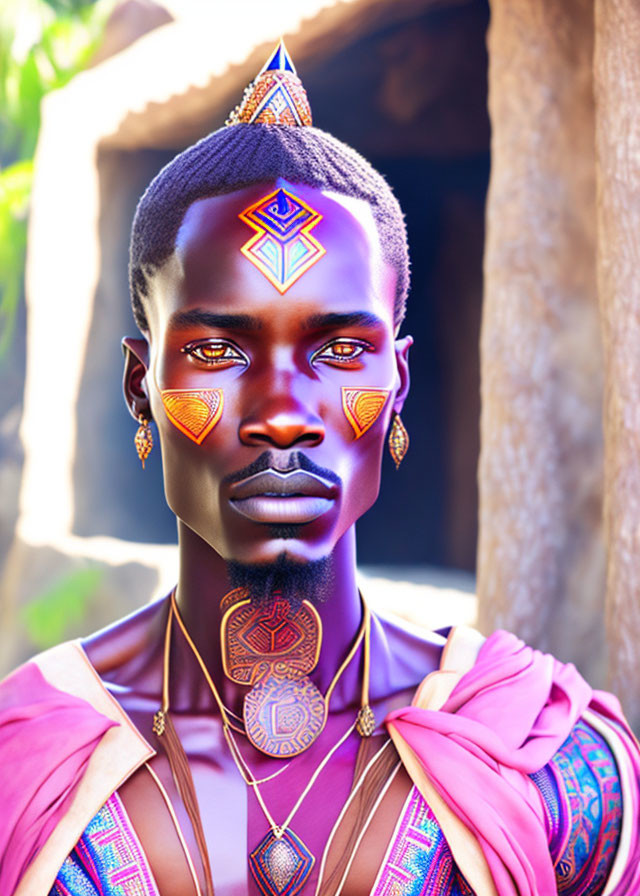 Man in Tribal Face Paint with Traditional Attire Against Rustic Background