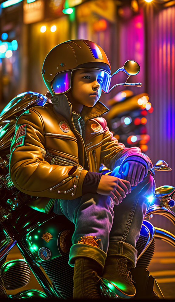 Child in futuristic helmet on neon-lit motorcycle in vibrant cityscape