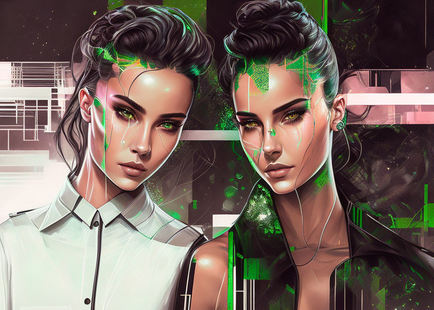 Futuristic green glowing patterns on twin female figures