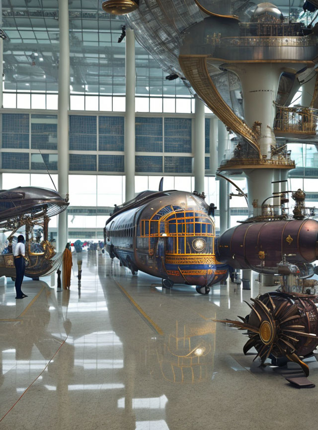 Futuristic airport terminal with steampunk airships and travelers in period attire