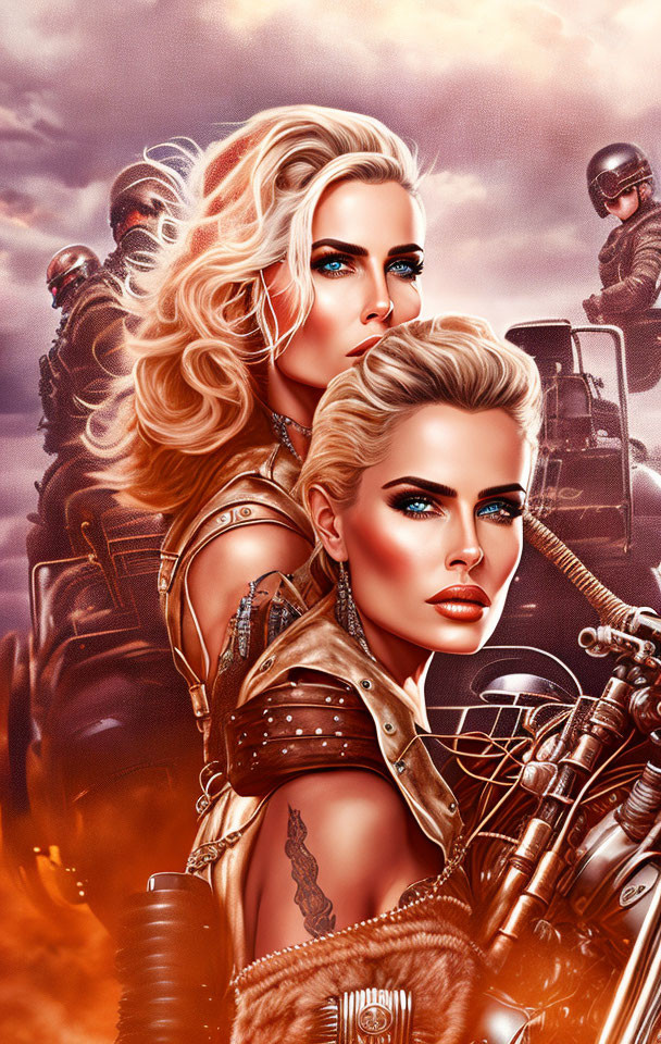 Stylized women in futuristic armor with armored figures on motorcycles