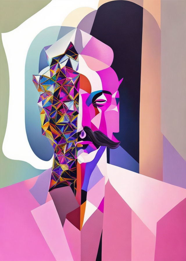 Vibrant geometric abstract art of male figure with mustache on pastel backdrop